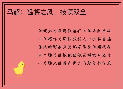 马超：猛将之风，技谋双全